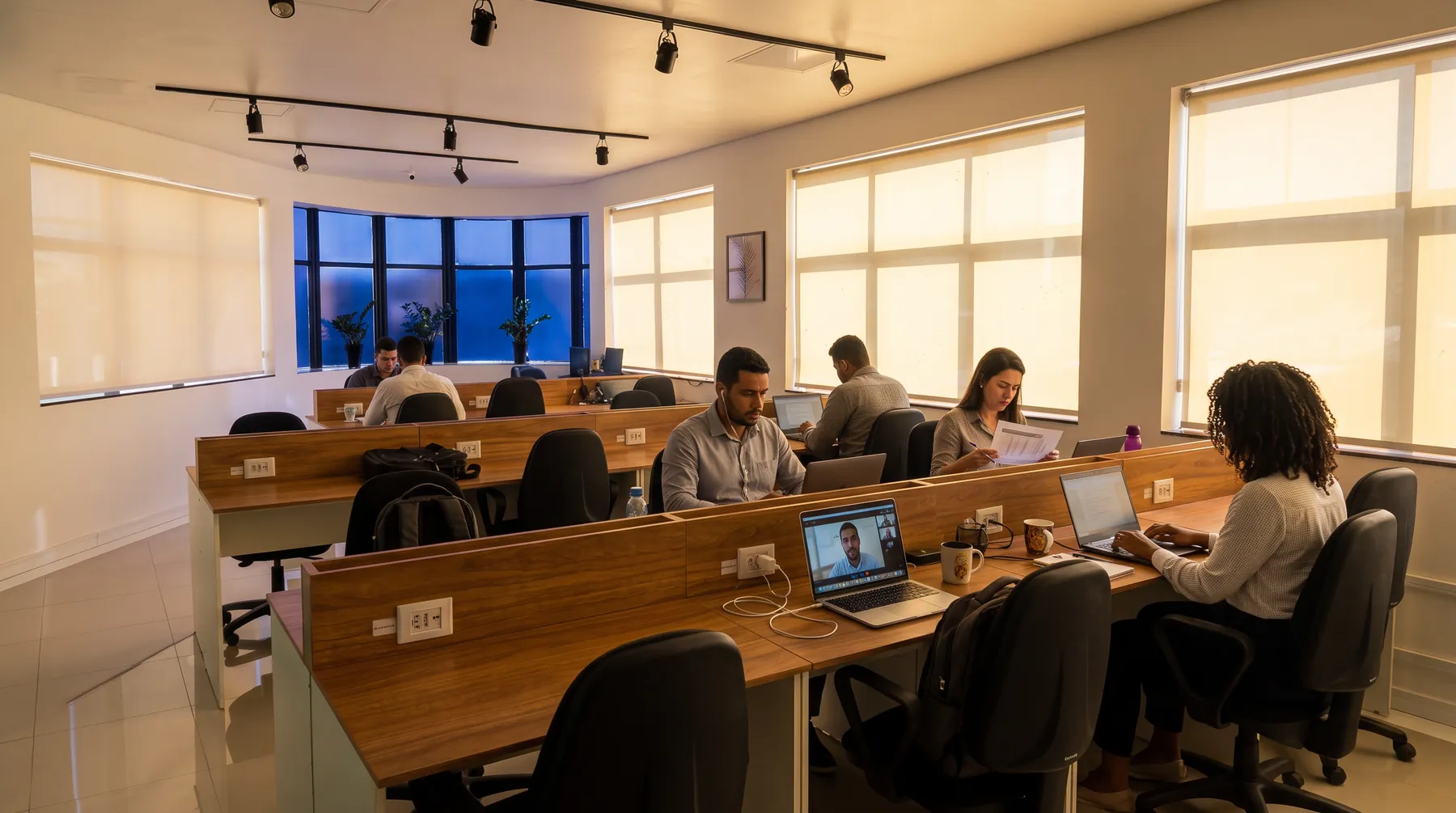 Profissionais trabalhando no salão de estações do Coworking Raposo